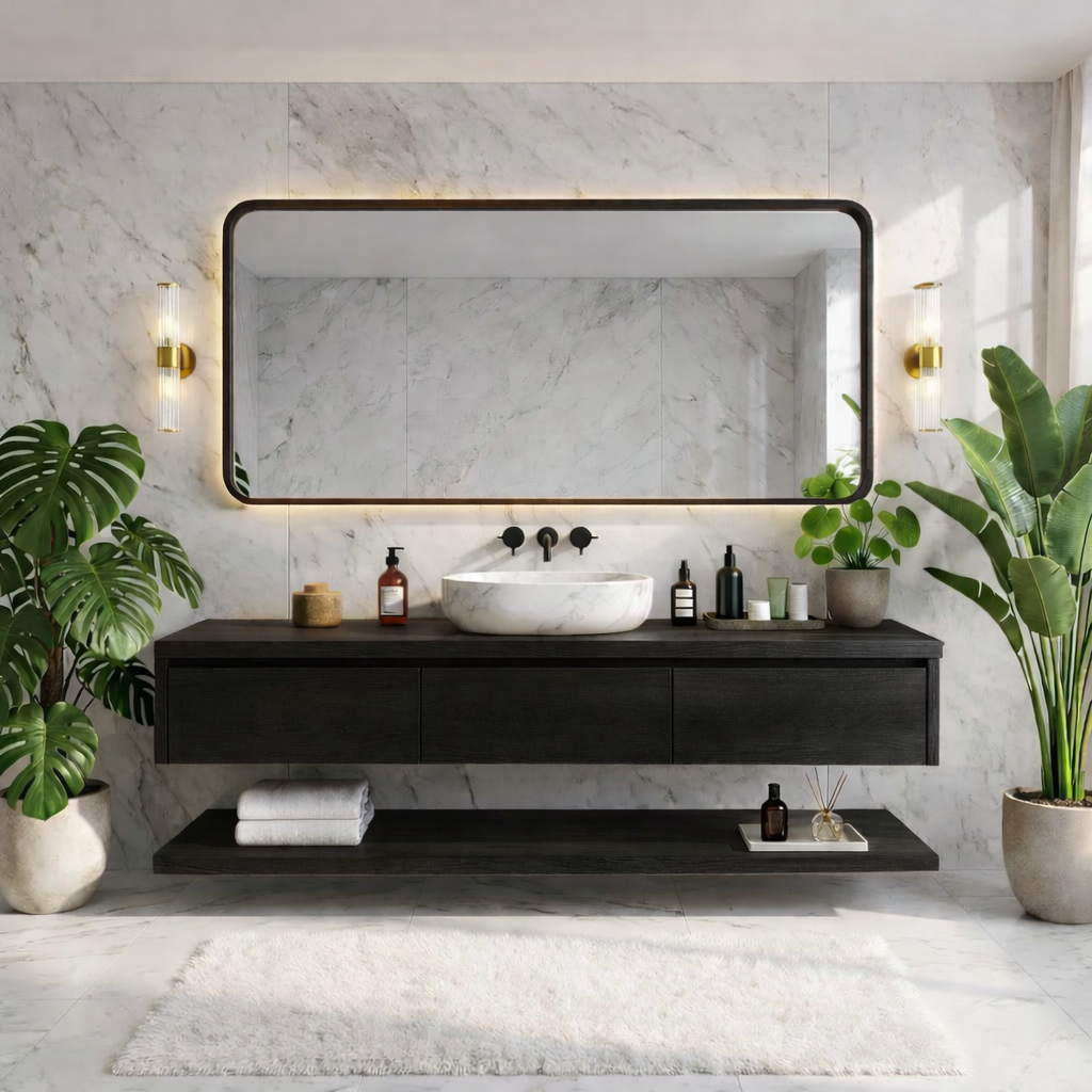 Modern Floating Vanity with Shelves, Oak Bathroom Storage Unit, Wall-Mounted Cabinet