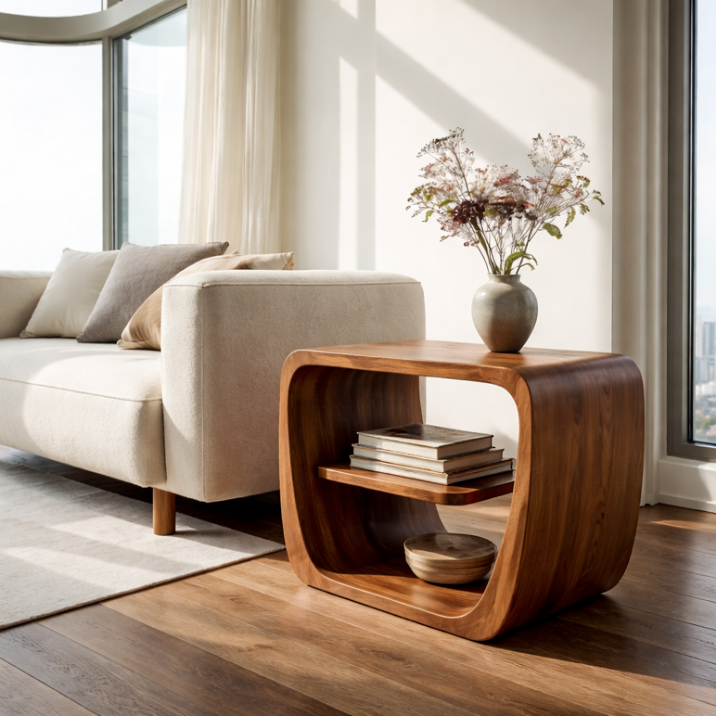 Modern Solid Wood End Table with Storage Shelf – Curved Wooden Side Table for Living Room