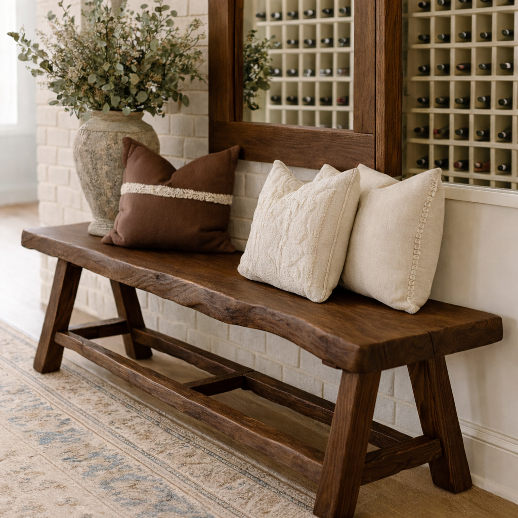 Live Edge Solid Wood Bench, Rustic Handmade Entryway and Dining Seat