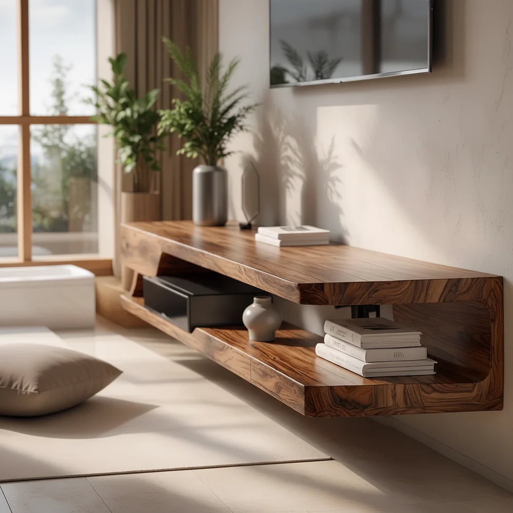 Solid Wood Floating TV Stand Modern Wall Mounted Media Console Shelf