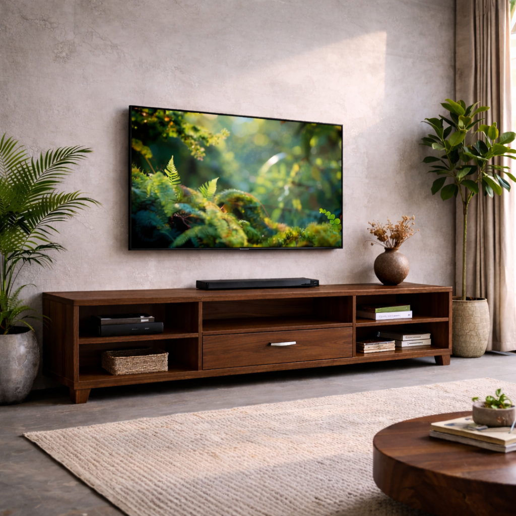 Modern Solid Wood TV Stand with Drawer and Open Shelves – Living Room Media Console