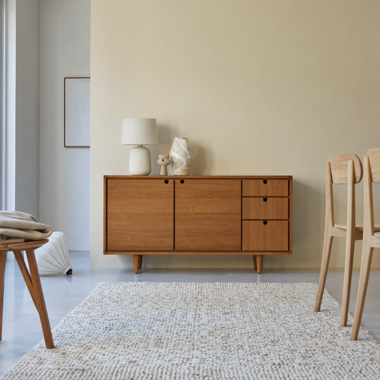 Solid Wood Sideboard Cabinet with Doors & Drawers – Minimalist Storage