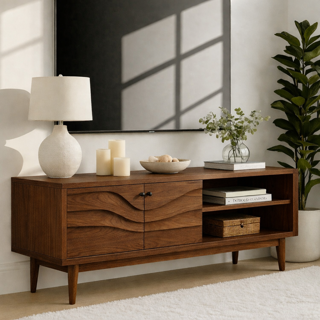Mid Century Solid Wood TV Stand Wave Front Media Console Modern Entertainment Cabinet