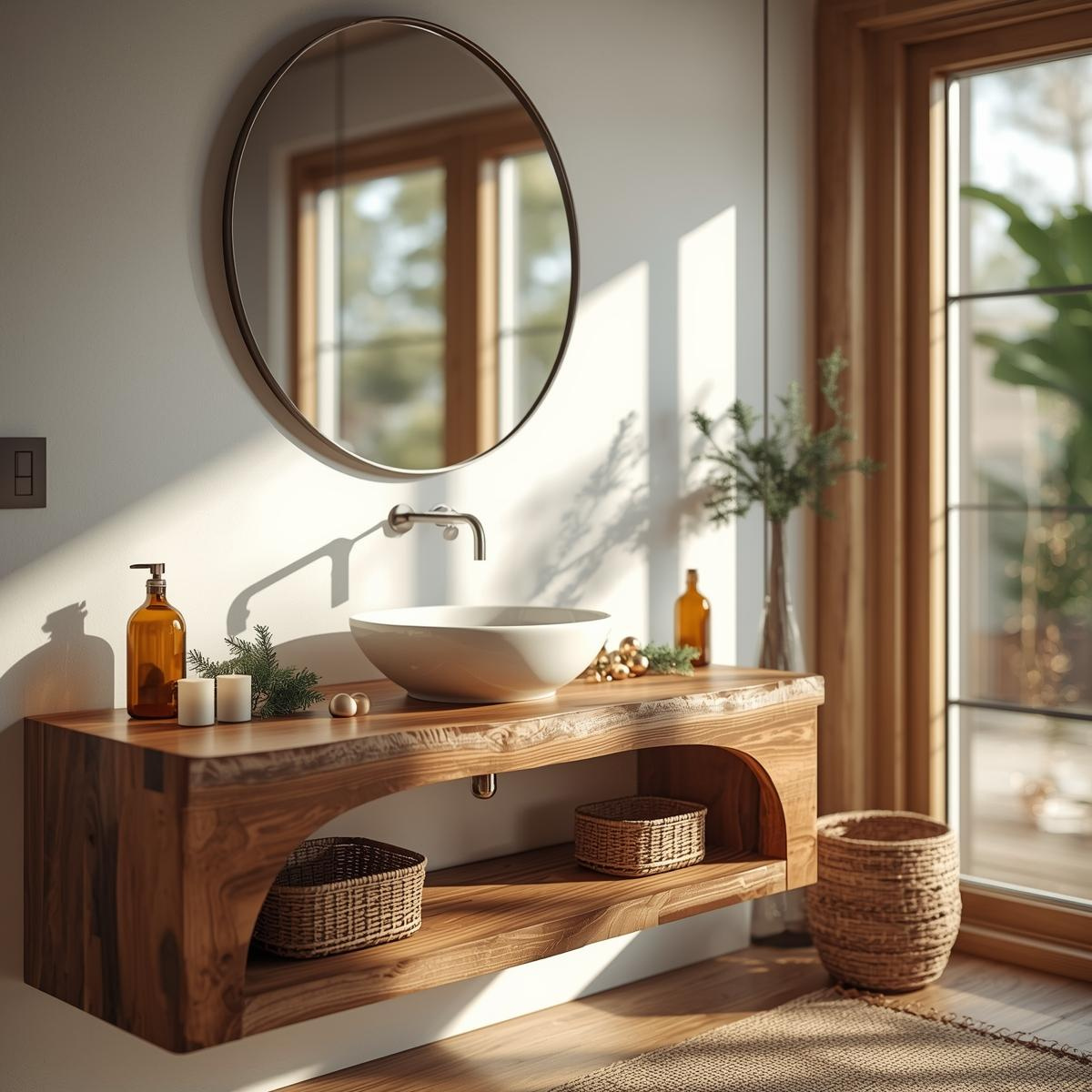 Floating Vanity with Walnut Wood Finish and Spacious Storage Shelf