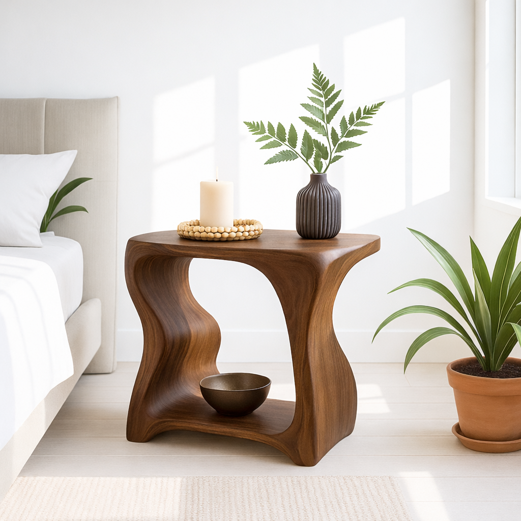 Modern Wooden Nightstand with Curved Design for Bedroom - Natural Wood Finish