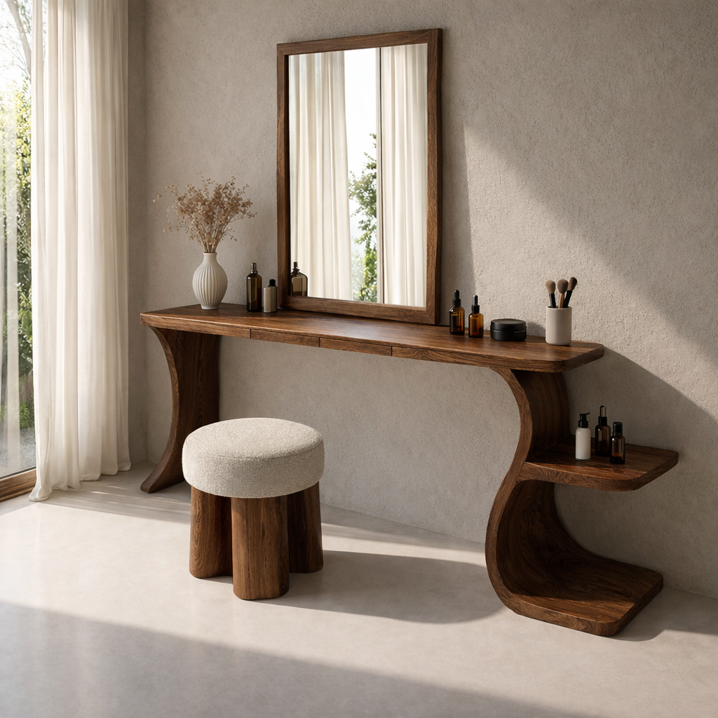 Handcrafted Solid Wood Makeup Vanity with Storage – Sculptural Modern Design