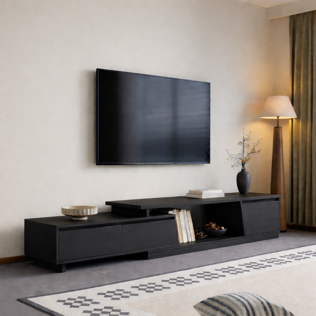 Solid Wood Media Console, Modern Low TV Stand with Open Shelf and Storage Cabinet