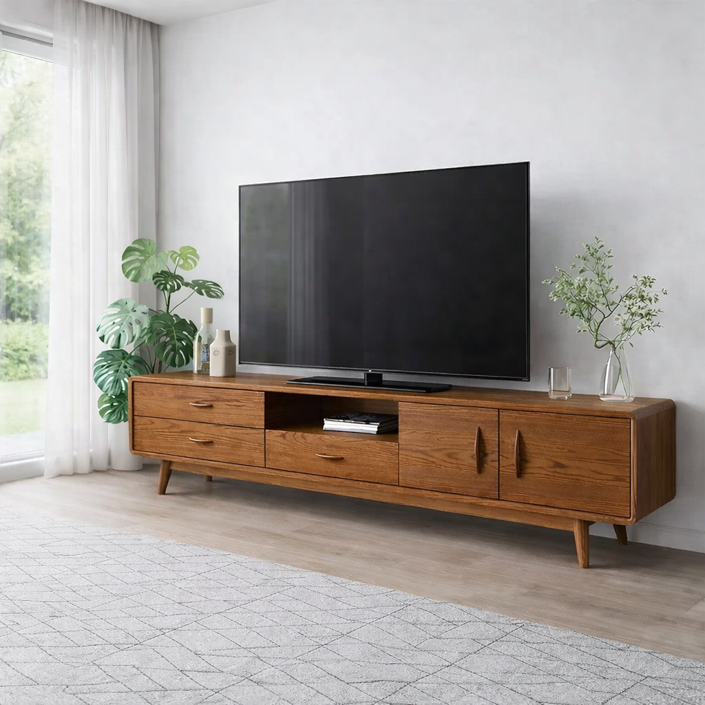 Solid Wood TV Console with Drawers & Cabinets – Modern Mid Century Stand