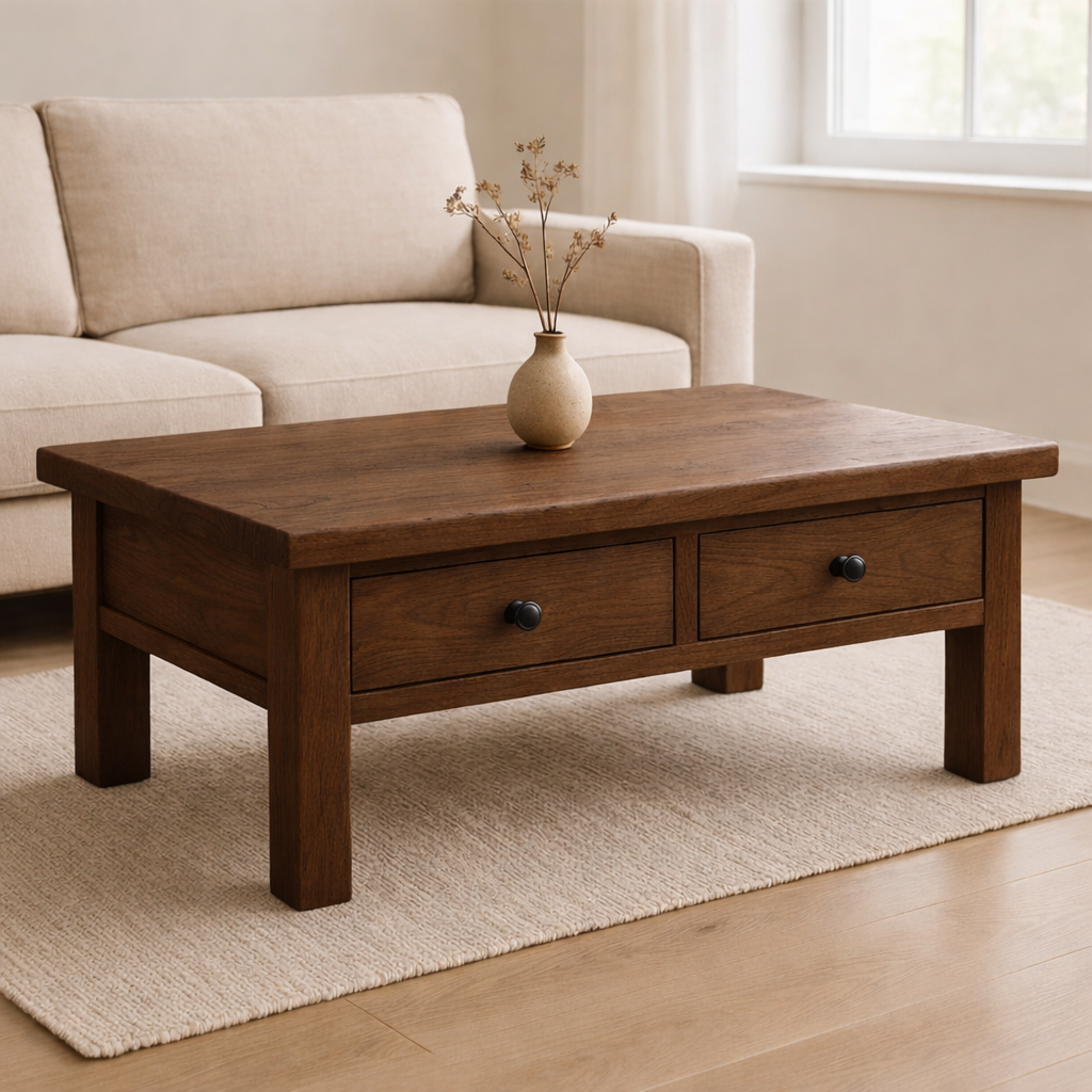 Solid Wood Coffee Table with Drawers Rustic Living Room Storage Coffee Table