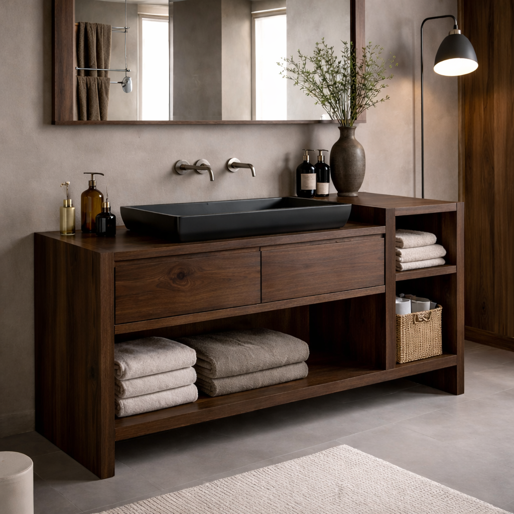 Solid Wood Bathroom Vanity Cabinet with Drawer & Side Shelf β Walnut Bathroom Storage