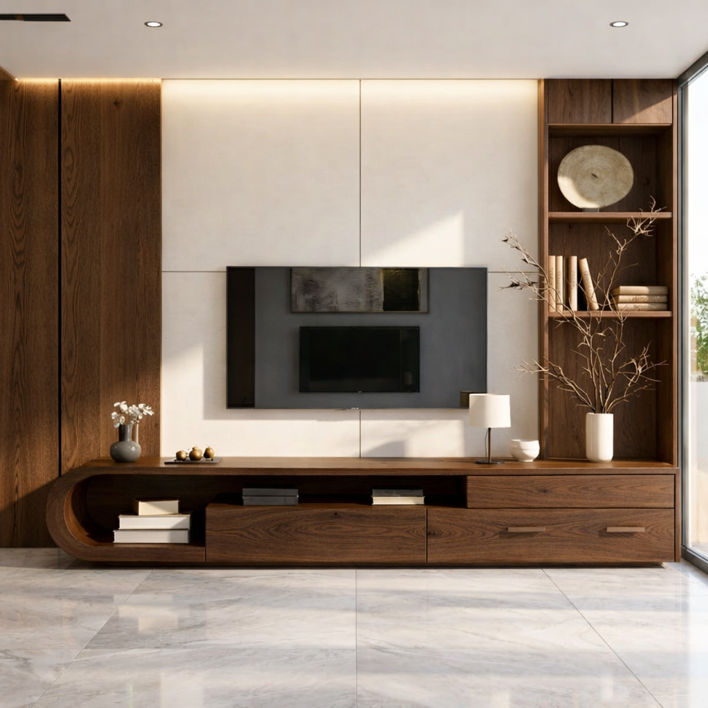 Solid Wood TV Stand with Curved Shelf, Modern Low Profile Media Console