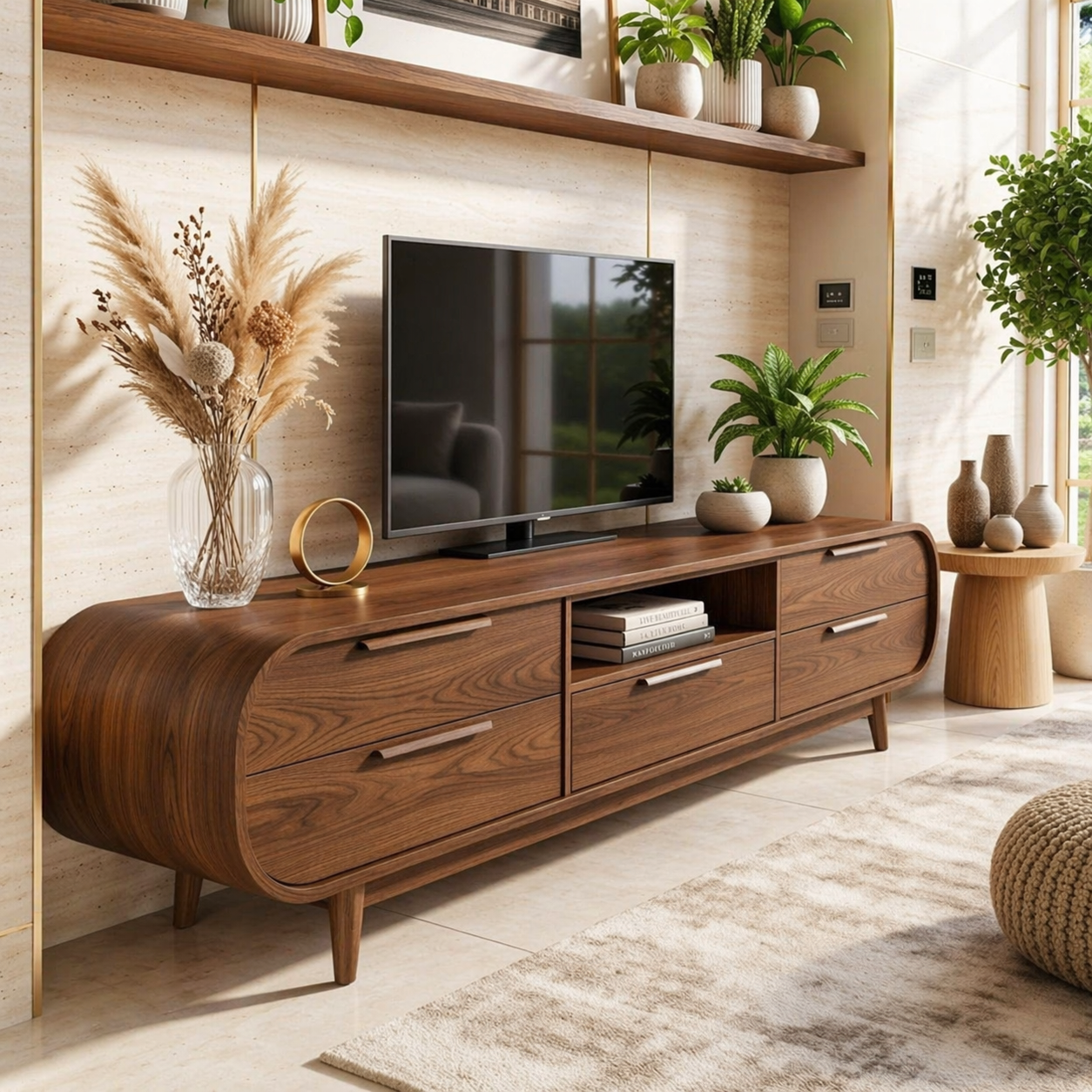 Modern Curved TV Stand, Minimalist Media Console, Storage Cabinet