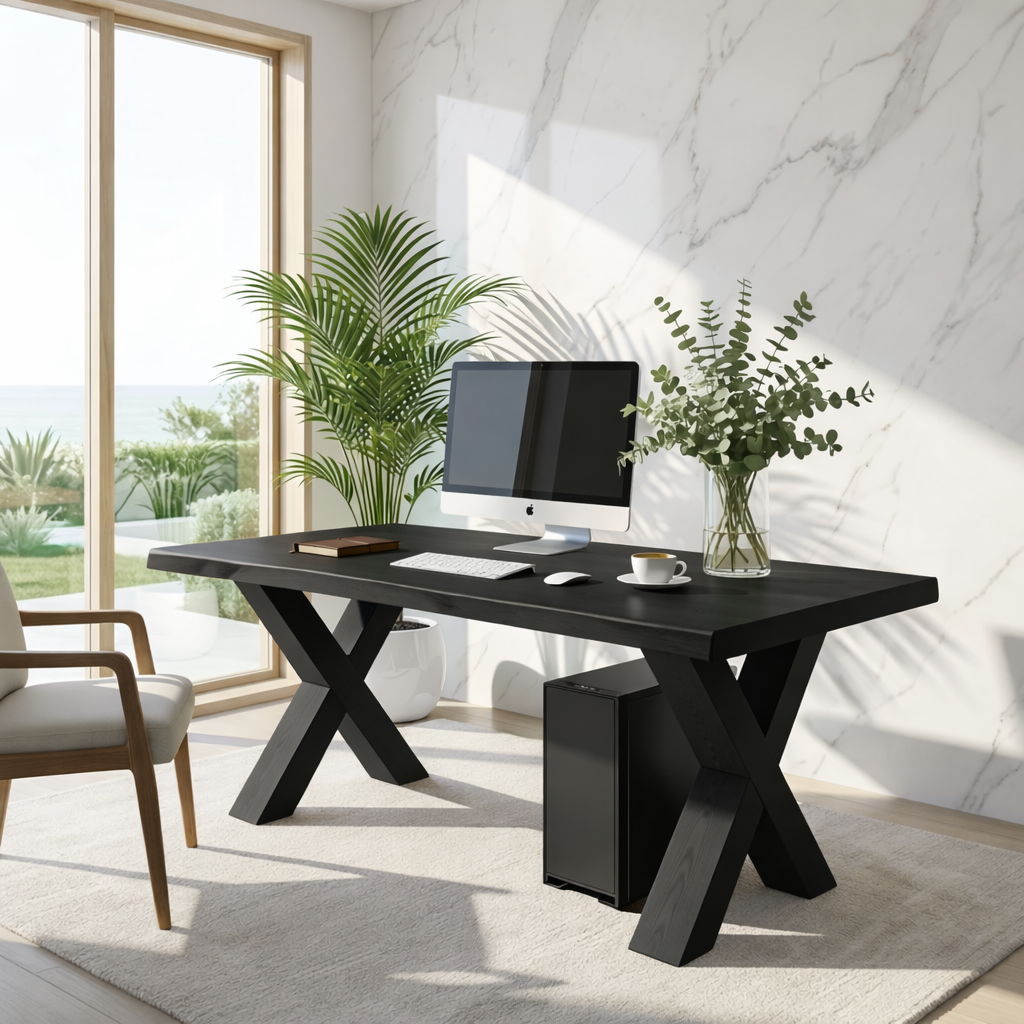 Live Edge X-Leg Desk Solid Wood Office Desk Modern Writing Desk Natural Wood Workspace