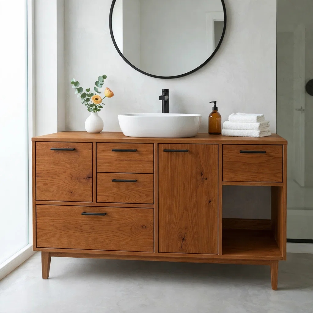 Solid Wood Bathroom Vanity with Drawers & Open Storage β Modern Design