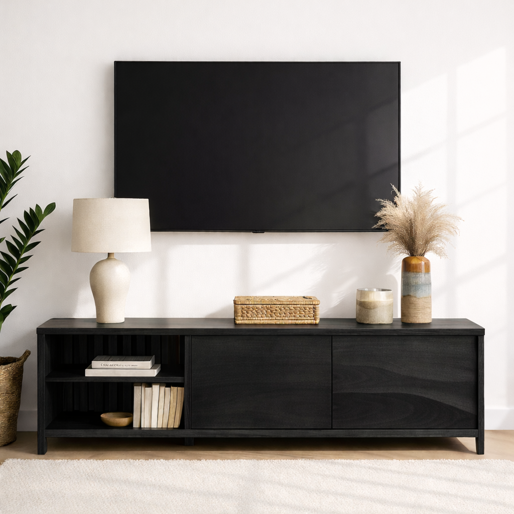 Modern Wood TV Stand With Cabinet and Open Shelf Long Media Console Entertainment Center