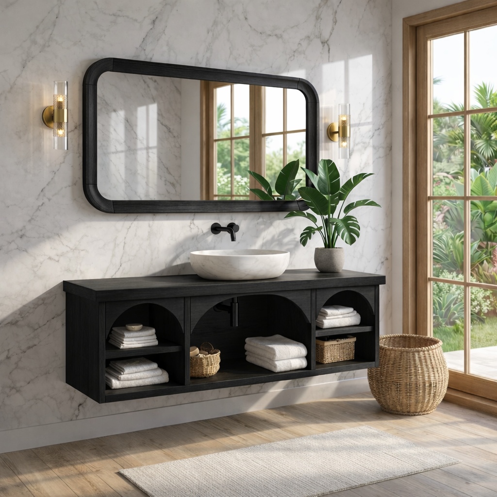 Solid Wood Floating Vanity with Arched Storage and Modern Design