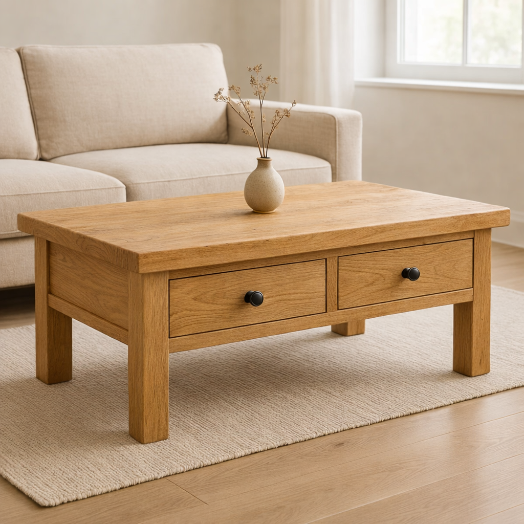 Solid Wood Coffee Table with Drawers Rustic Living Room Storage Coffee Table