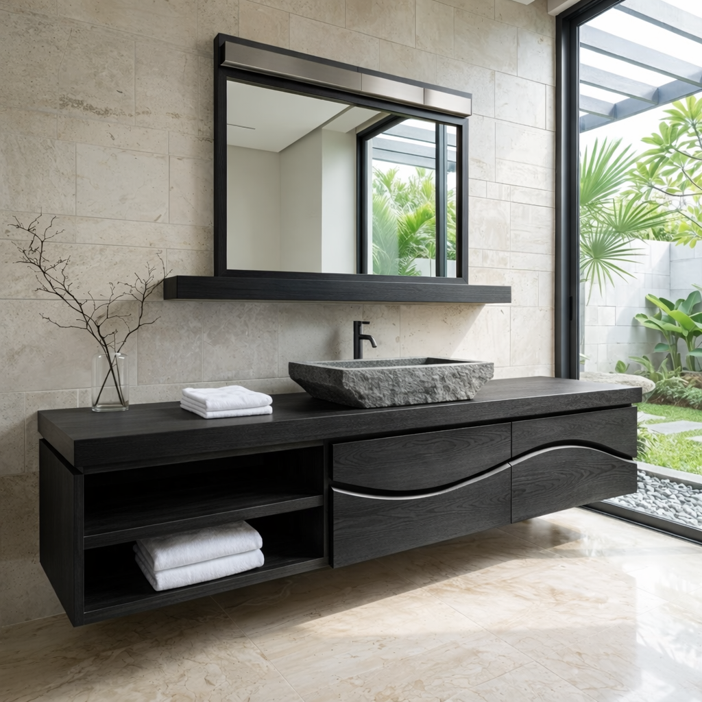Handcrafted Solid-Wood Floating Bathroom Vanity with Stone Vessel Sink and Mirror