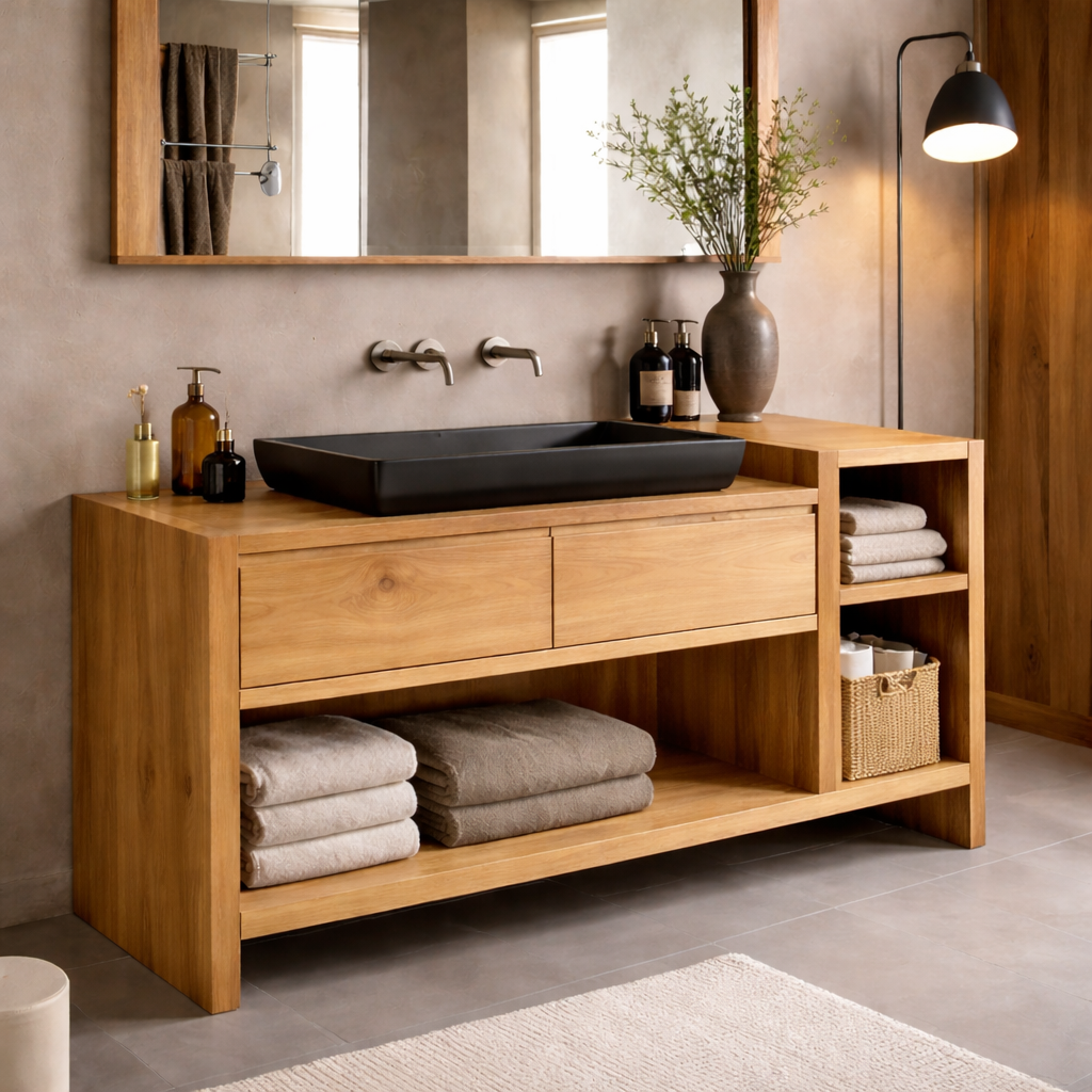 Solid Wood Bathroom Vanity Cabinet with Drawer & Side Shelf β Walnut Bathroom Storage