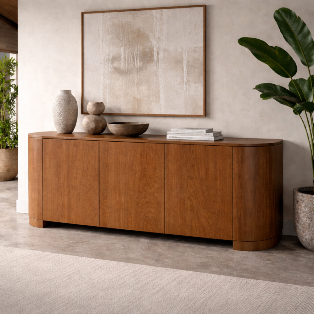 Modern Solid Wood Console Cabinet with Curved Edges and Hidden Storage