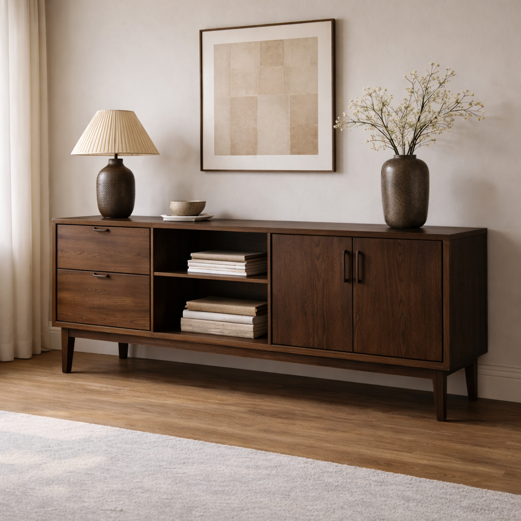 Solid Wood Console Cabinet with Drawers, Doors and Open Shelf Storage