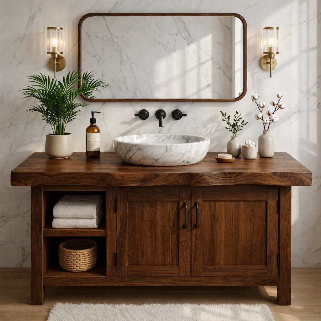 Handcrafted Solid Wood Bathroom Vanity with Live Edge Top and Farmhouse Rustic Design