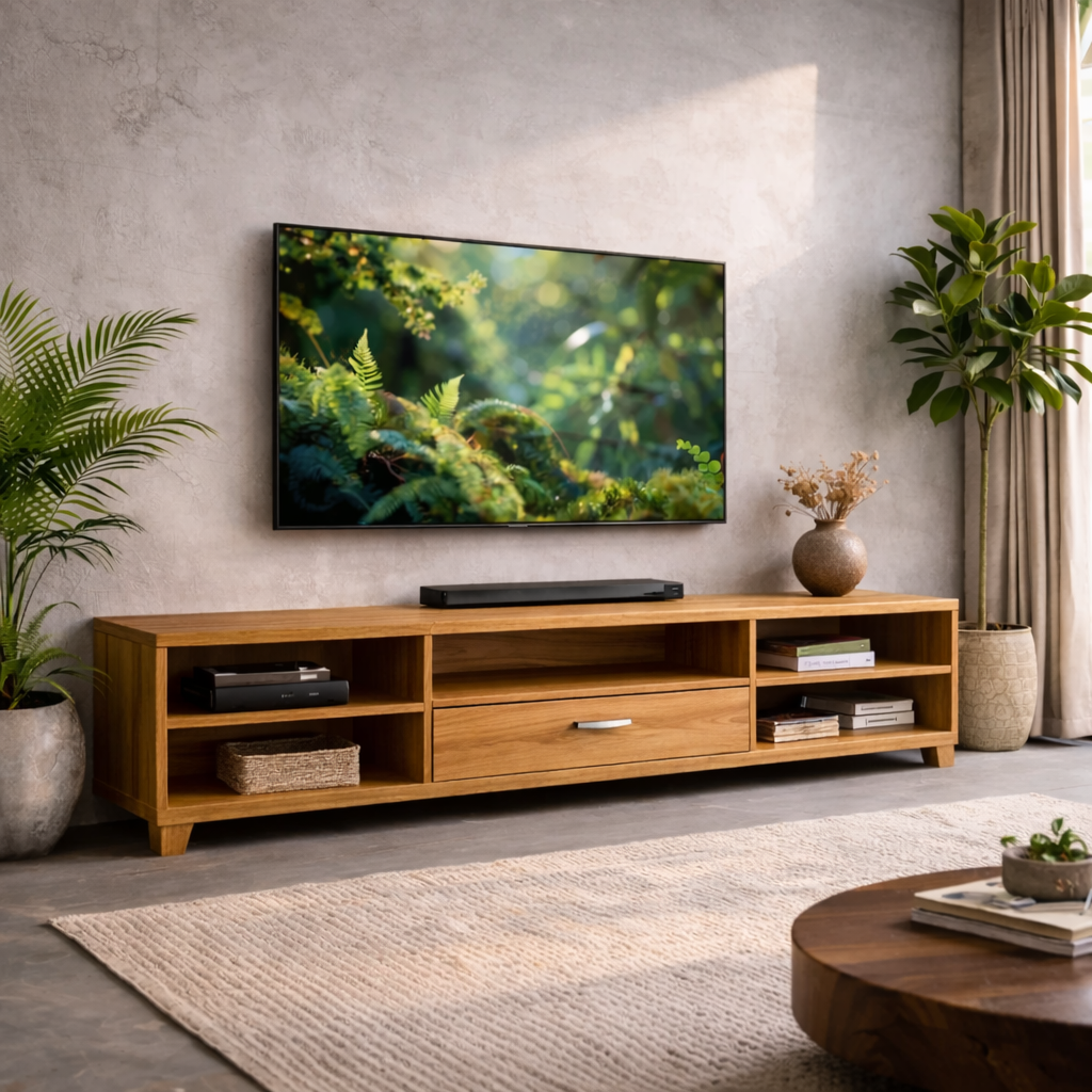 Modern Solid Wood TV Stand with Drawer and Open Shelves – Living Room Media Console