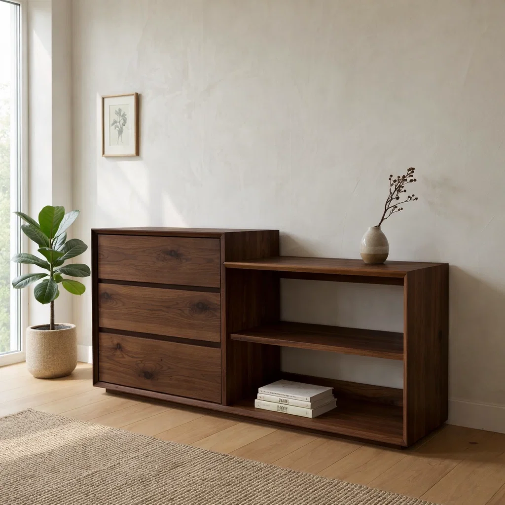 Solid Oak Console Cabinet with Drawers & Open Shelves – Modern Storage Sideboard