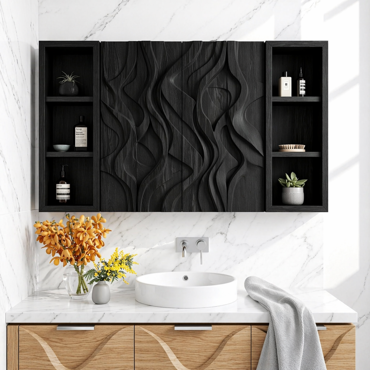 Floating Bathroom Cabinet, Carved Wall Mounted Vanity Organizer With Side Shelves