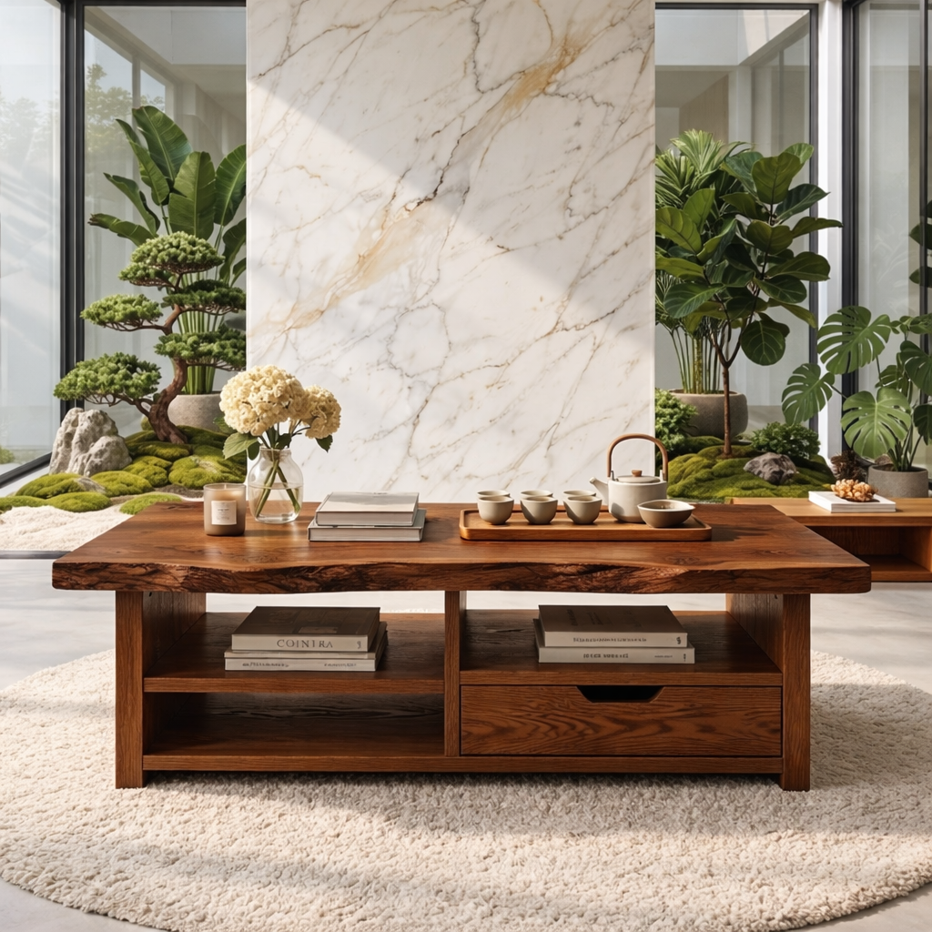 Live Edge Oak Coffee Table with Storage Drawer and Shelf, Solid Wood Living Room Table