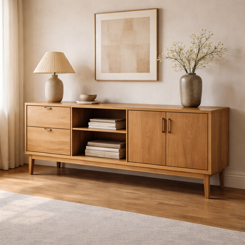 Solid Wood Console Cabinet with Drawers, Doors and Open Shelf Storage