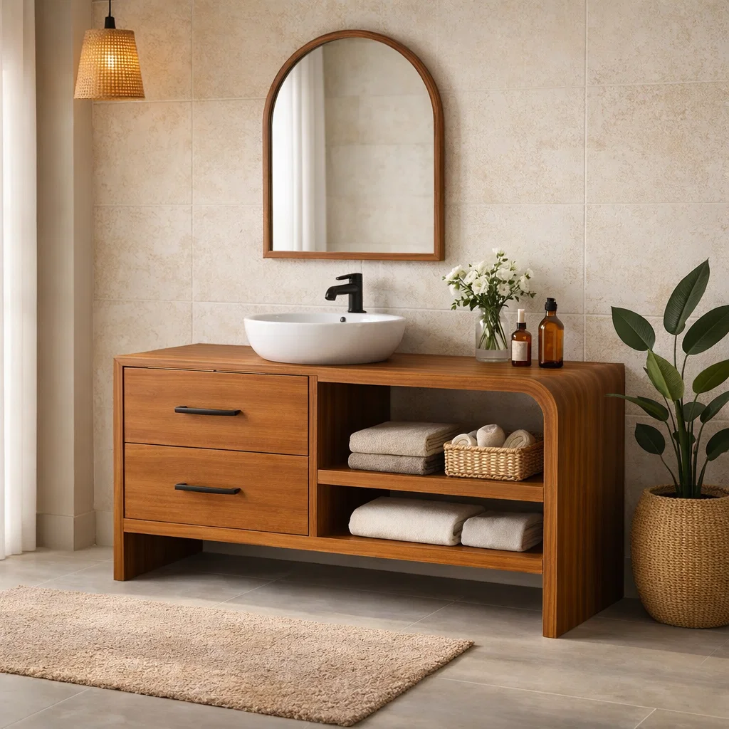 Modern Solid Wood Bathroom Vanity with Drawers and Open Shelf Storage Cabinet