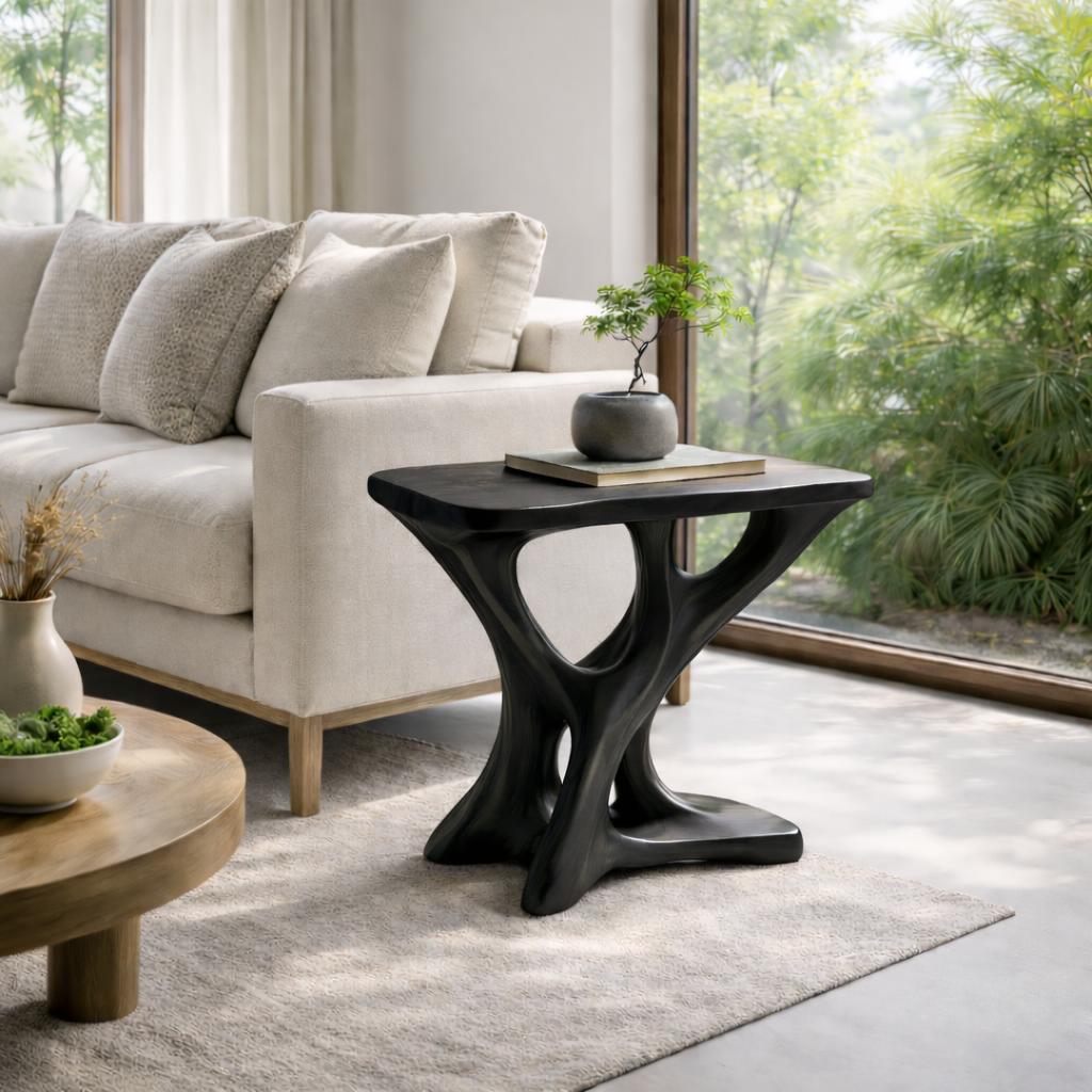 Solid Wood Sculptural End Table – Modern Organic Side Table for Living Room