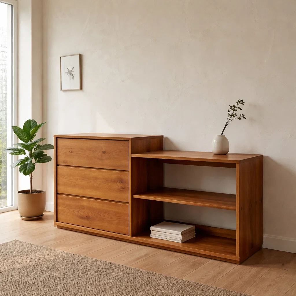 Solid Oak Console Cabinet with Drawers & Open Shelves – Modern Storage Sideboard