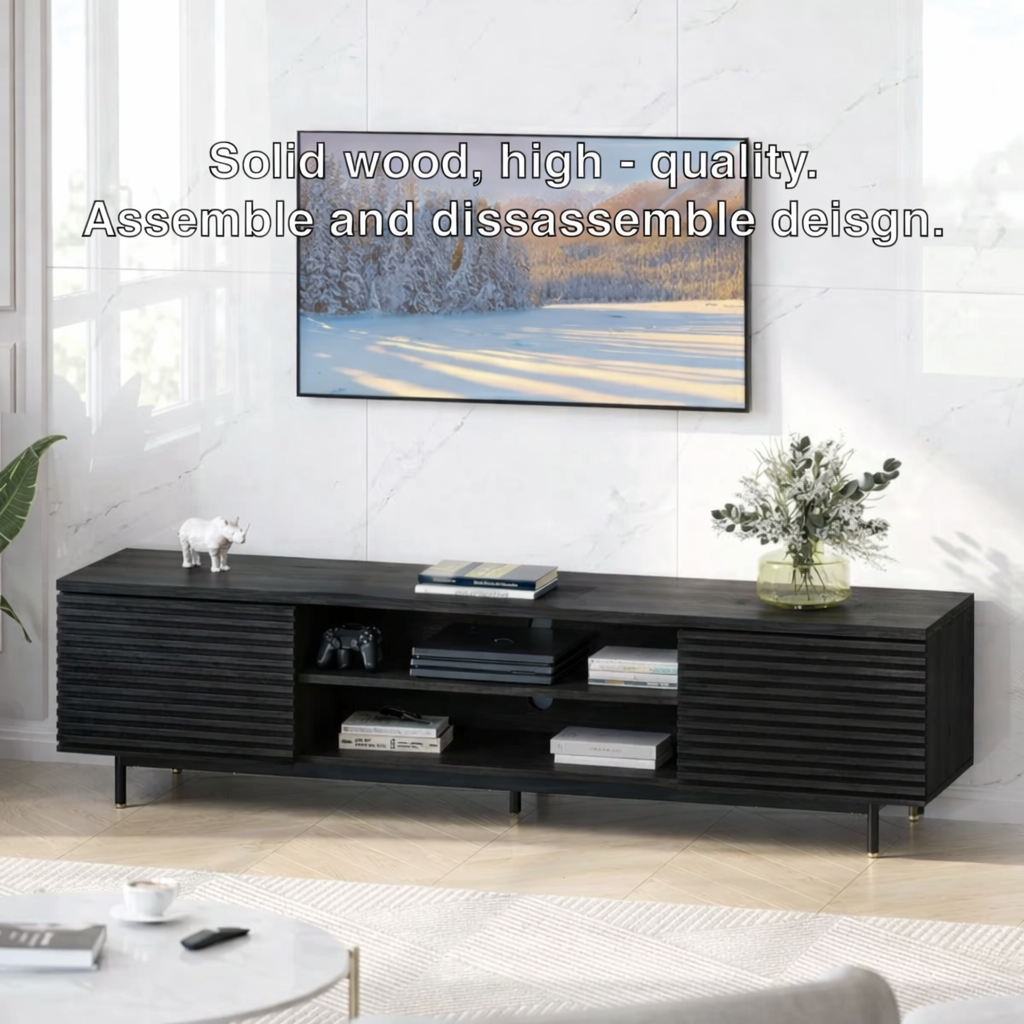 Modern Solid Wood TV Stand with Slatted Panels Open Shelf Media Console Storage