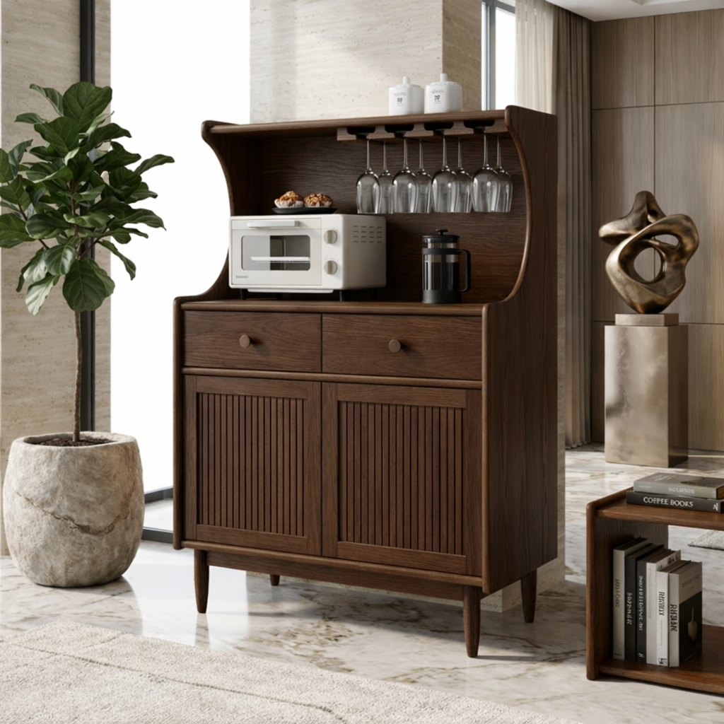 Contemporary Fluted Wooden Coffee-Bar Cabinet, Glassware Storage Entertaining Hutch