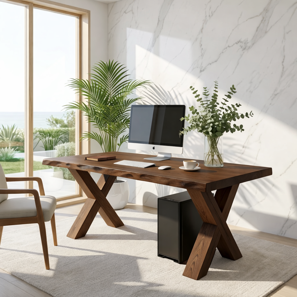 Live Edge X-Leg Desk Solid Wood Office Desk Modern Writing Desk Natural Wood Workspace