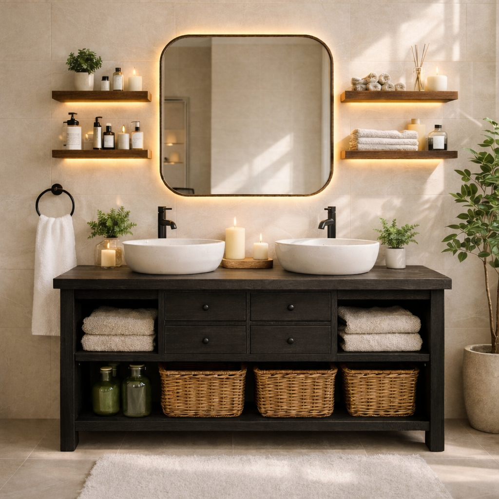 Modern Farmhouse Double Bathroom Vanity Cabinet With Drawers Open Shelf Storage