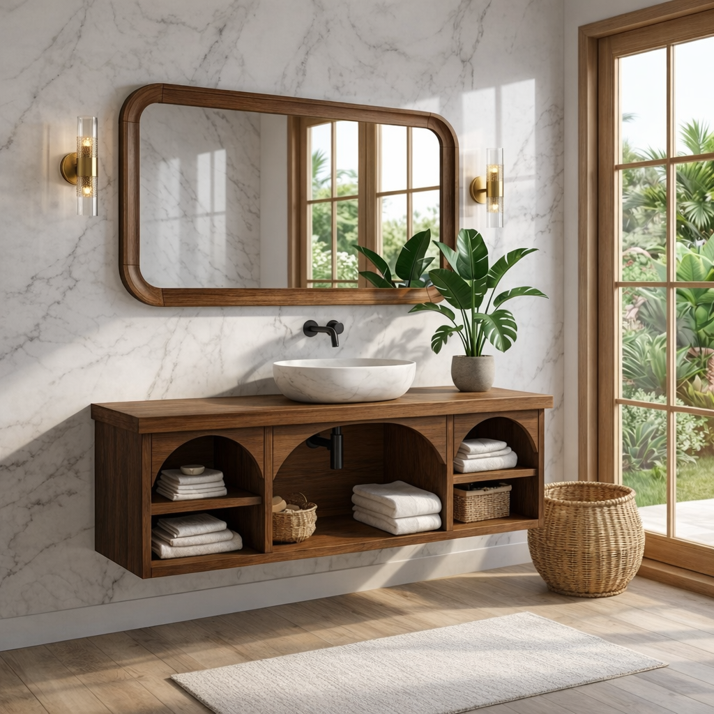 Solid Wood Floating Vanity with Arched Storage and Modern Design