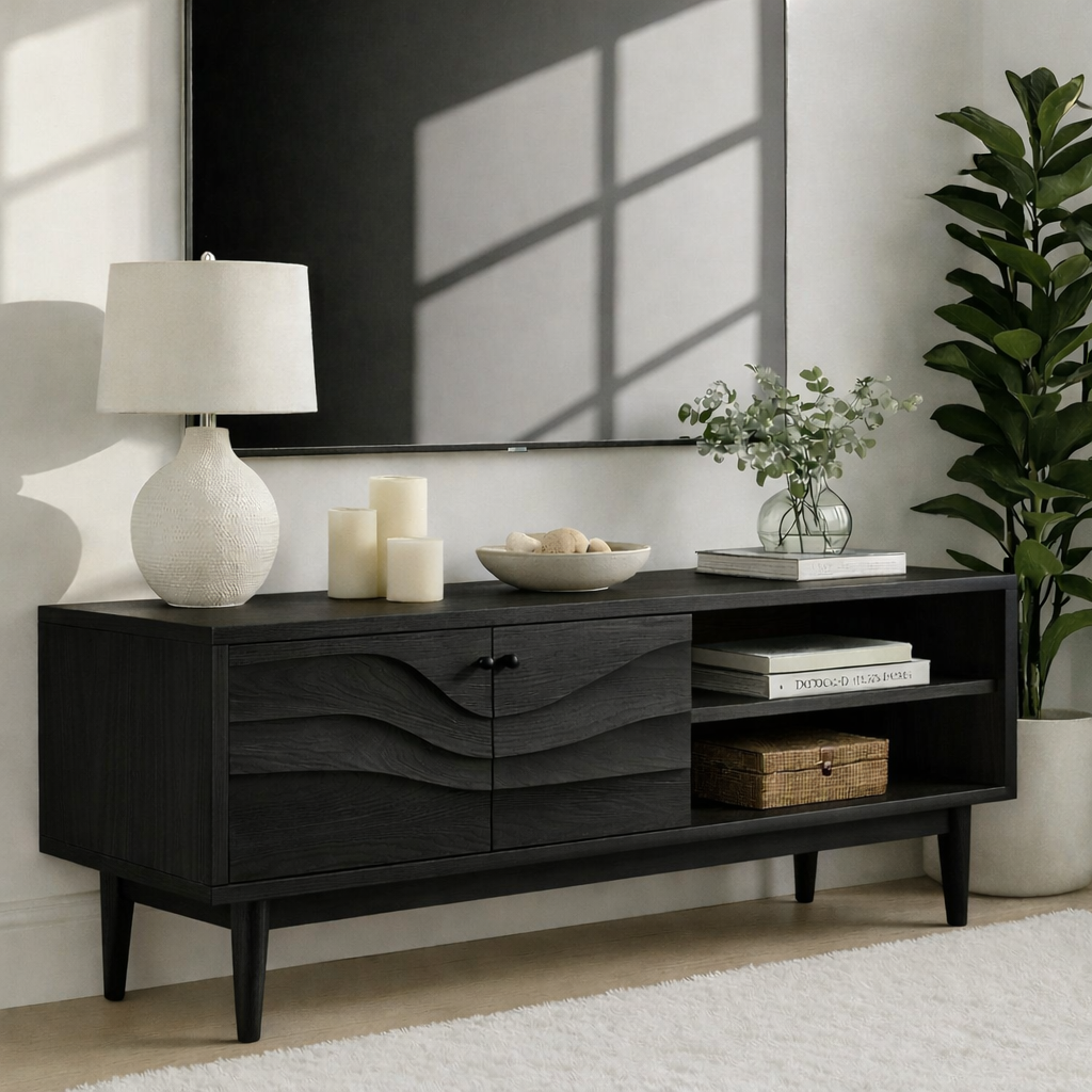 Mid Century Solid Wood TV Stand Wave Front Media Console Modern Entertainment Cabinet