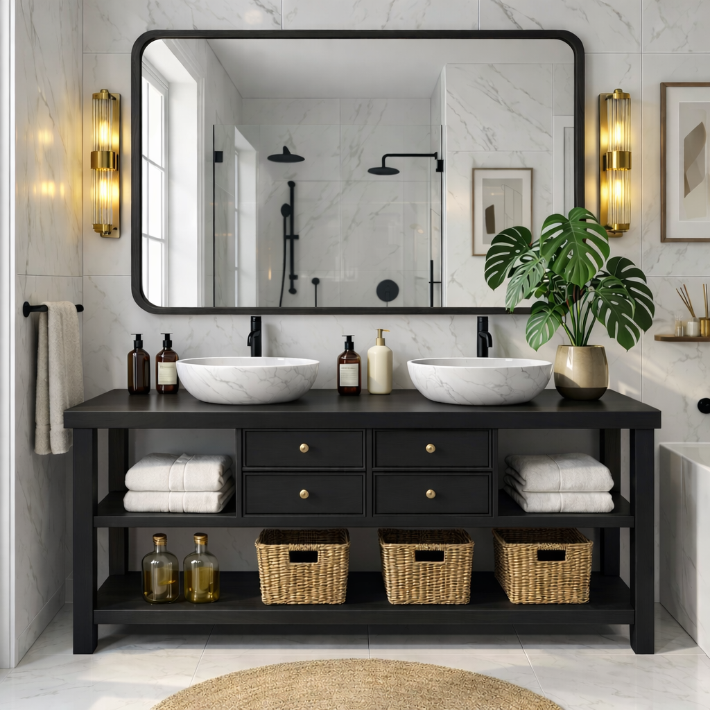 Modern Wooden Bathroom Vanity with Dual Marble Sinks and Ample Storage