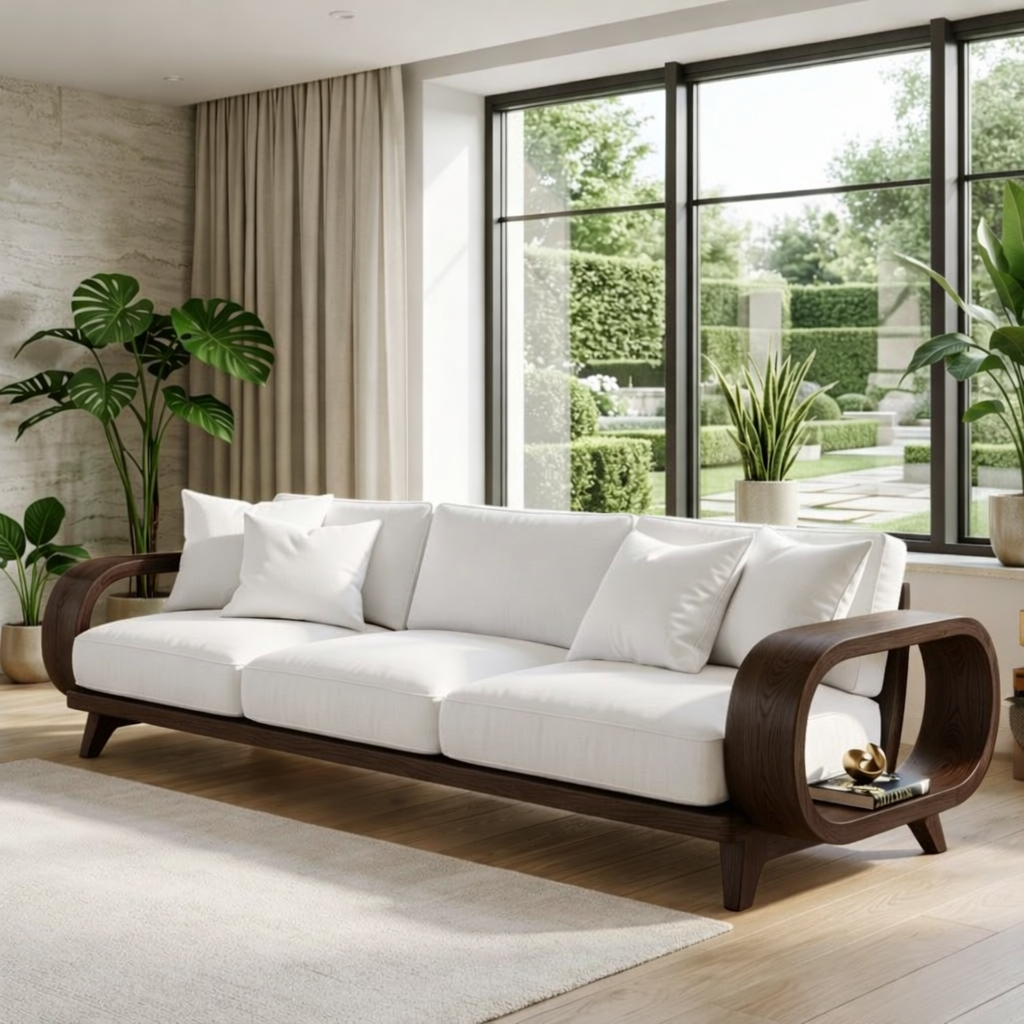 Modern Sculptural Solid Wood Sofa with White Cushions Organic Curved Designer Couch