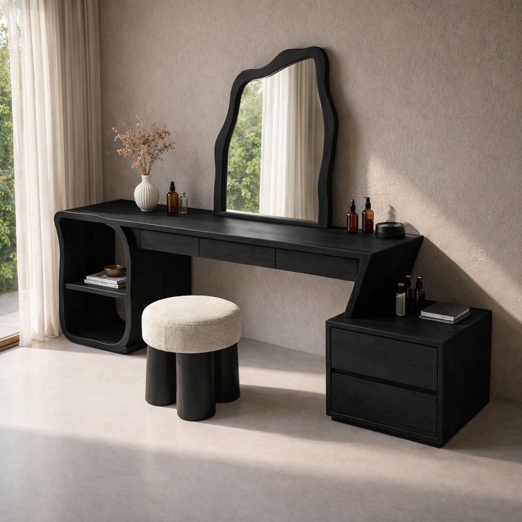 Solid Wood Makeup Vanity with Sculptural Mirror and Storage – Modern Design