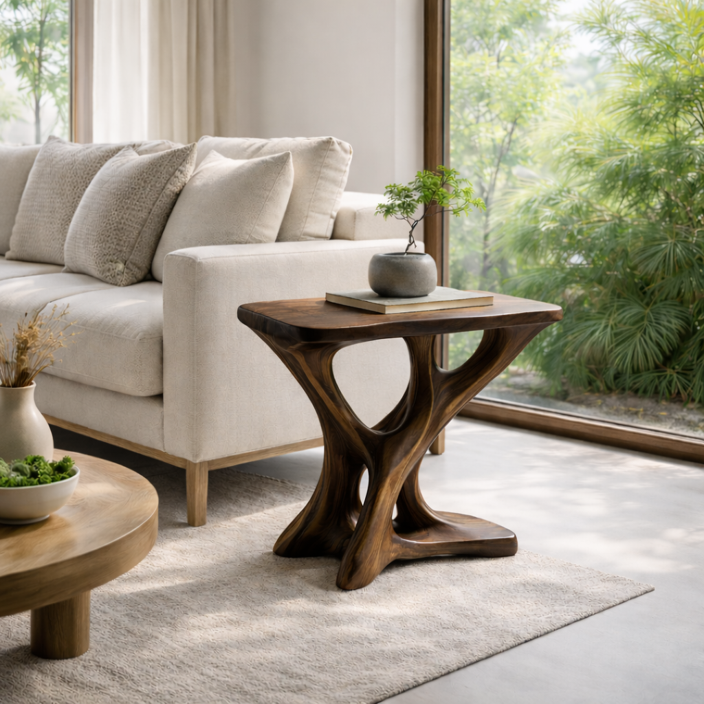 Solid Wood Sculptural End Table – Modern Organic Side Table for Living Room