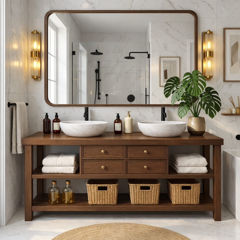 Modern Wooden Bathroom Vanity with Dual Marble Sinks and Ample Storage