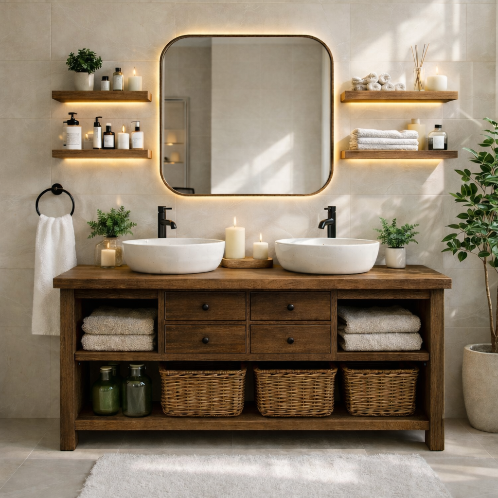 Modern Farmhouse Double Bathroom Vanity Cabinet With Drawers Open Shelf Storage