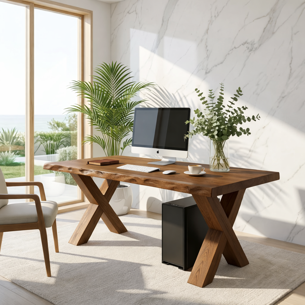 Live Edge X-Leg Desk Solid Wood Office Desk Modern Writing Desk Natural Wood Workspace