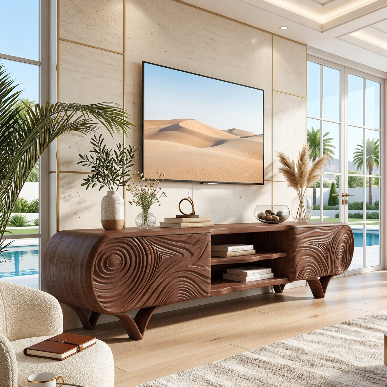 Modern Sculptural TV Console, Carved Storage Media Cabinet for Luxury Interiors