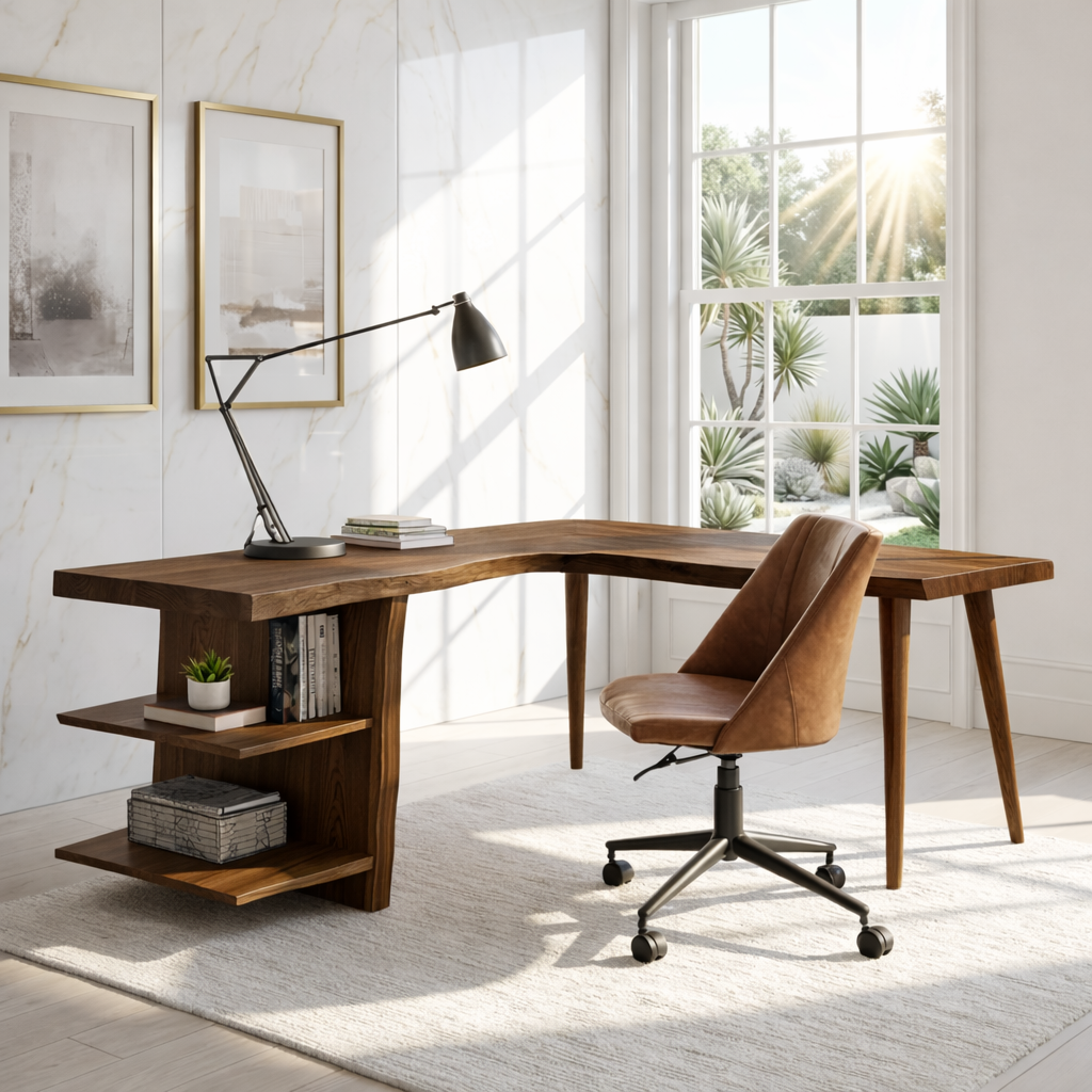 Modern L Shaped Writing Desk with Shelf Home Office Corner Workstation Table
