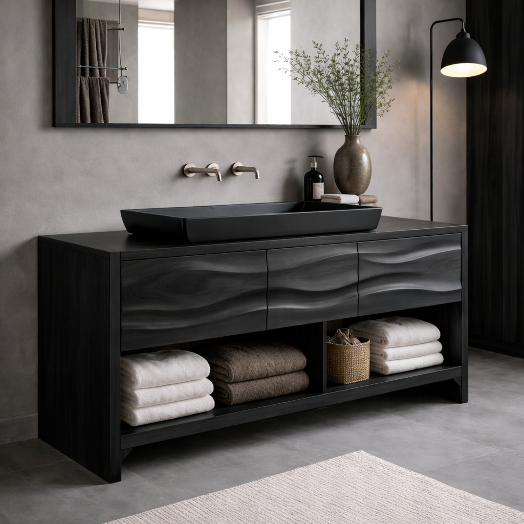 Solid Walnut Wood Bathroom Vanity Cabinet with Drawers & Open Shelf β Modern Vanity Base